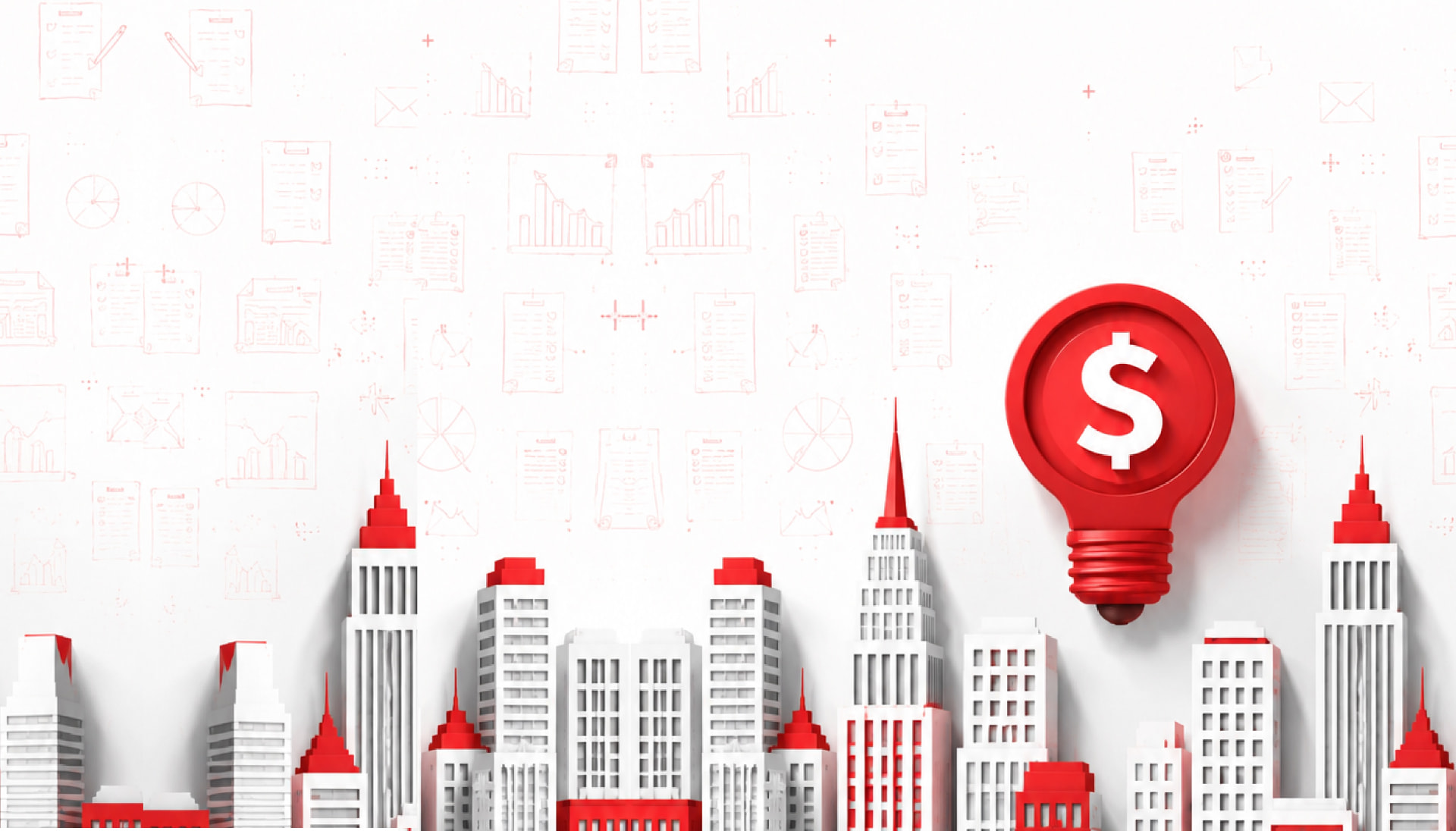 City skyline with a red dollar-sign light bulb representing the COLA Index