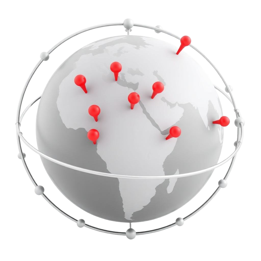 Globe with location pins marking COLA Index coverage across regions